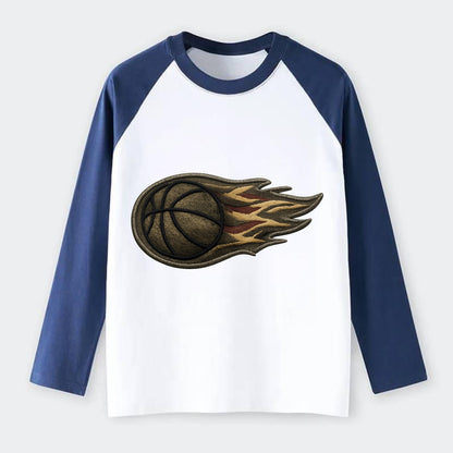 BASKETBALL FLAMING BALL - basketball with flames in orange and red , - Raglan Long Sleeve T-Shirt - Blue