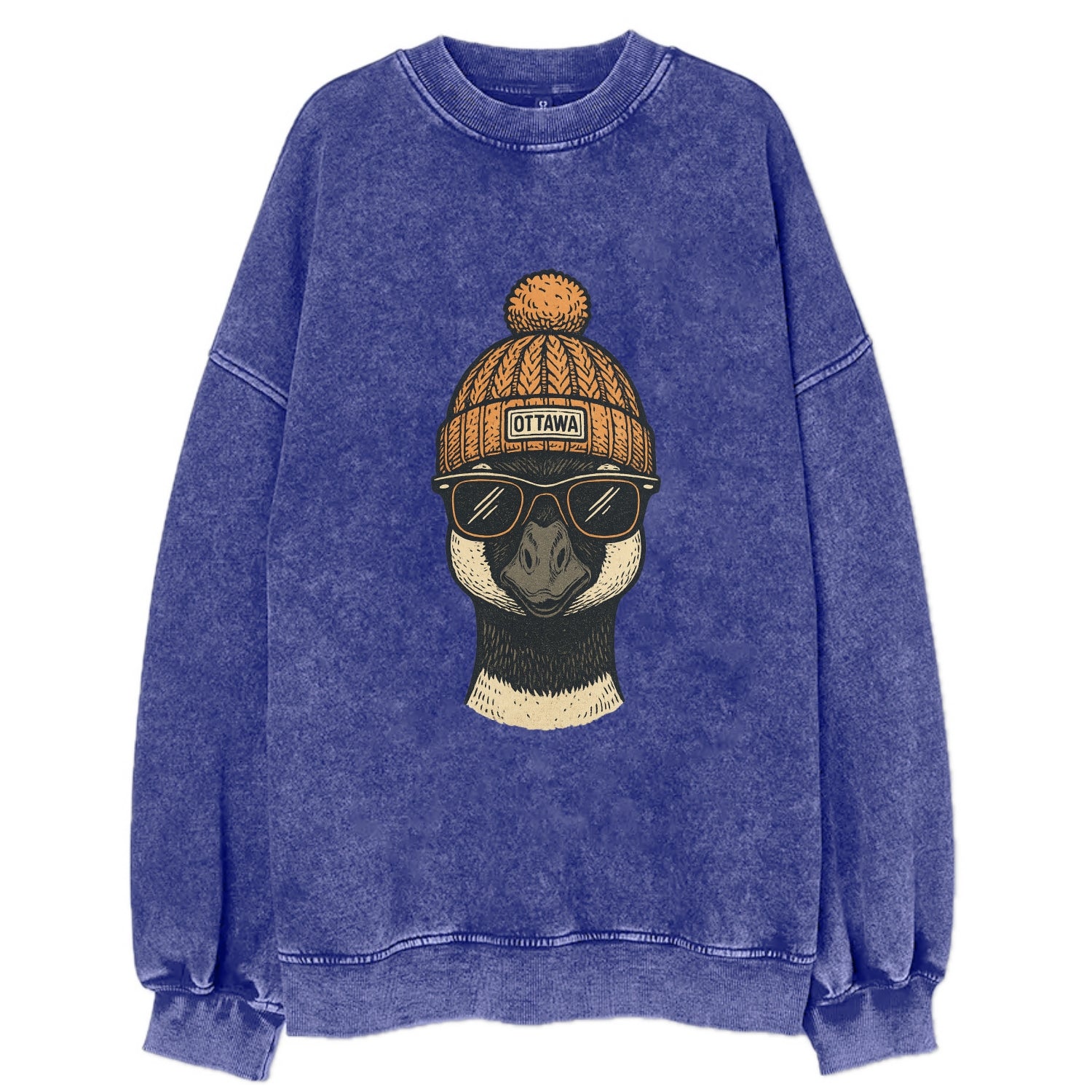 Ottawa Canadian Goose wearing Ottawa beanie with pom pom and wayfarer - Vintage Sweatshirt - Blue