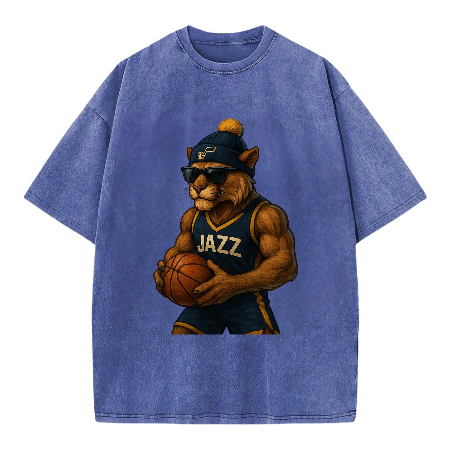Utah Mountain Lion wearing Jazz navy and yellow beanie with music note and - Vintage T-shirt - Blue