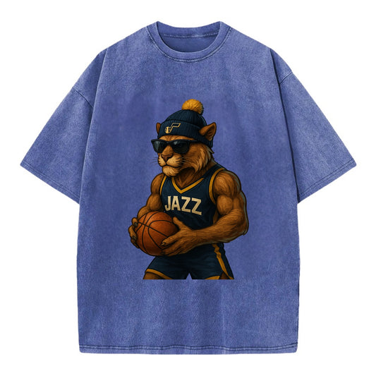 Utah Mountain Lion wearing Jazz navy and yellow beanie with music note and - Vintage T-shirt - Blue