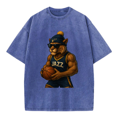 Utah Mountain Lion wearing Jazz navy and yellow beanie with music note and - Vintage T-shirt