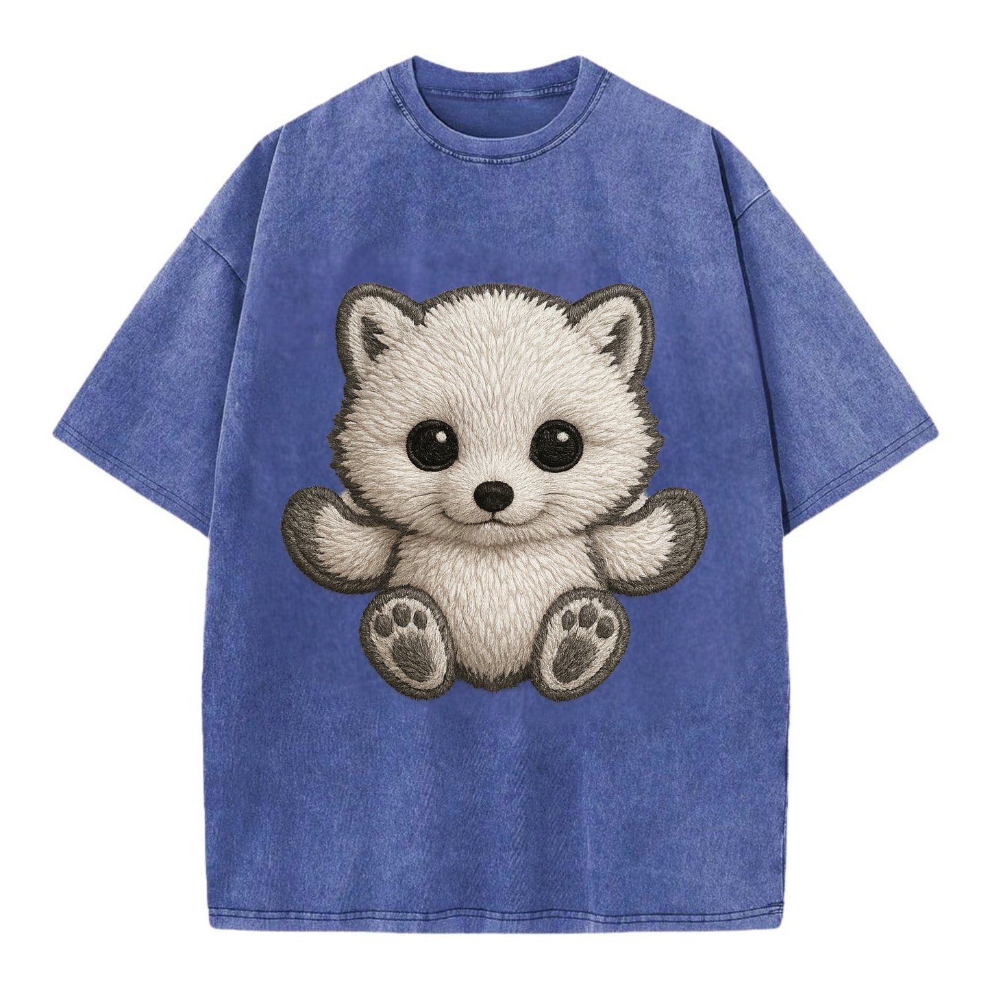 Baby Arctic Fox - white fluffy, tiny black nose, bright curious eyes, - Vintage T-shirt - Blue