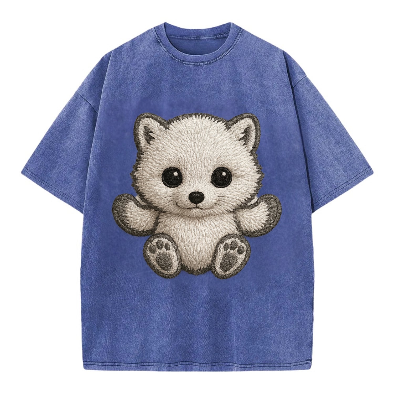 Baby Arctic Fox - white fluffy, tiny black nose, bright curious eyes, - Vintage T-shirt - Blue
