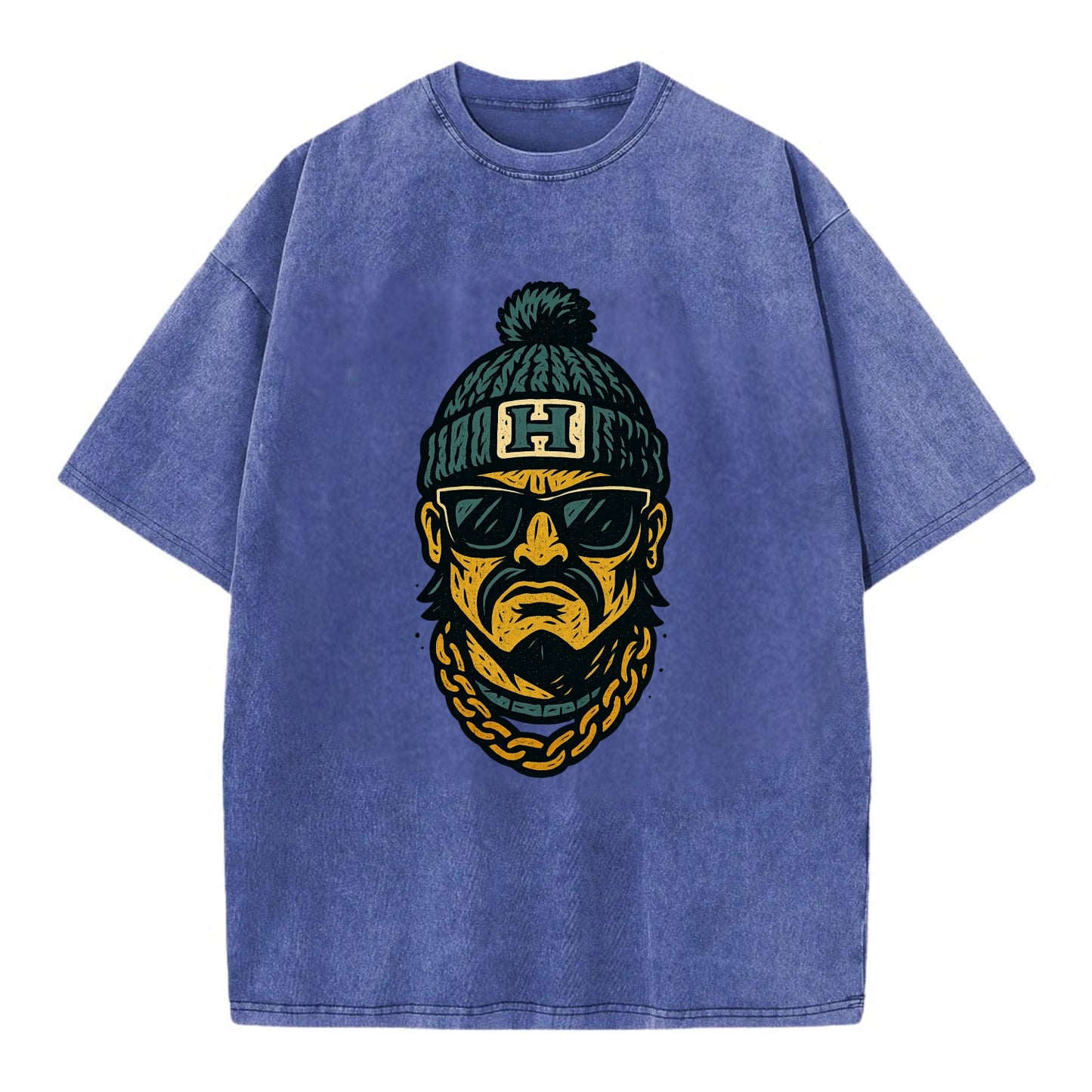 Honolulu Warrior wearing Hawaii beanie with H patch - Vintage T-shirt - Blue