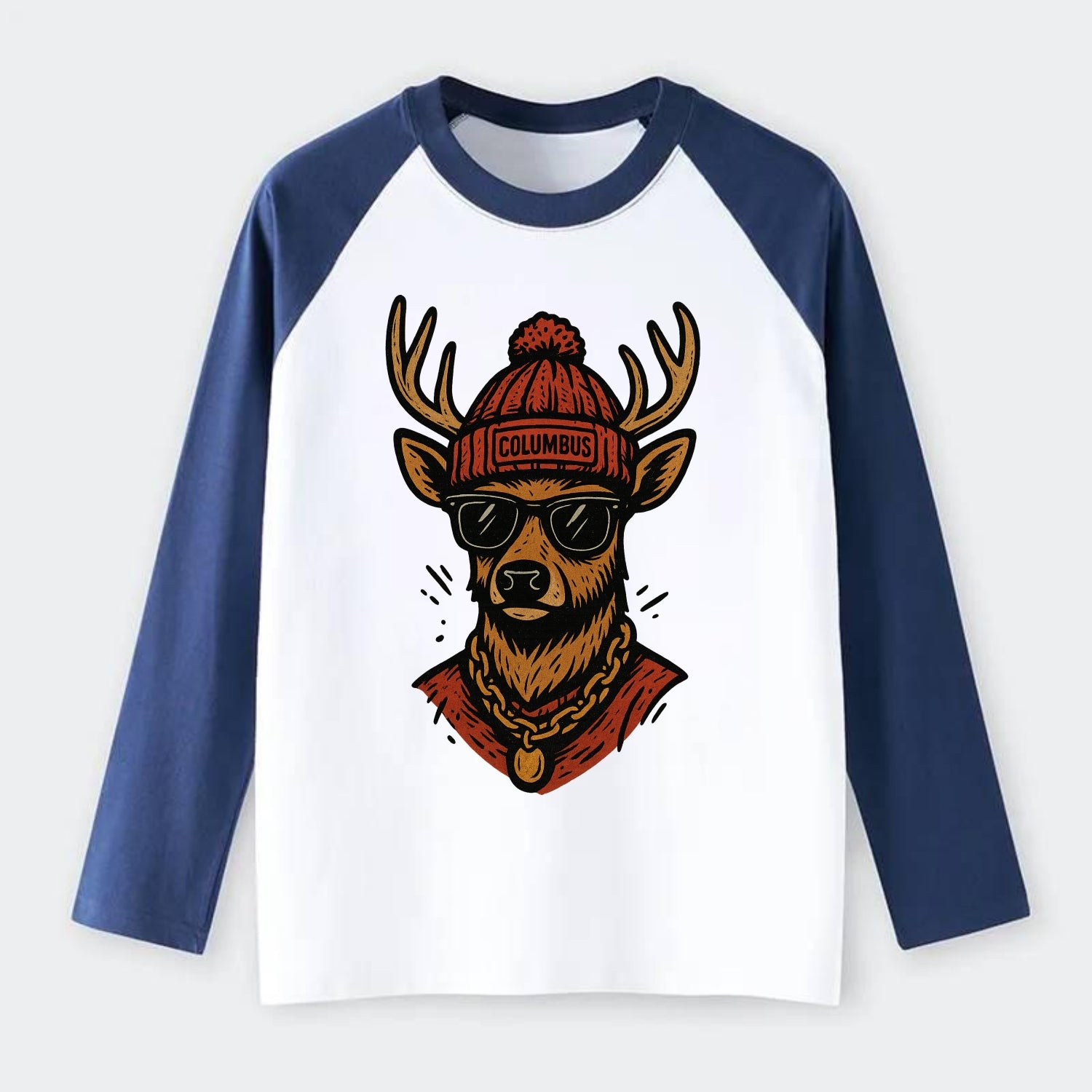 Columbus White-tailed Deer wearing Columbus beanie with pom pom and - Raglan Long Sleeve T-Shirt - Blue
