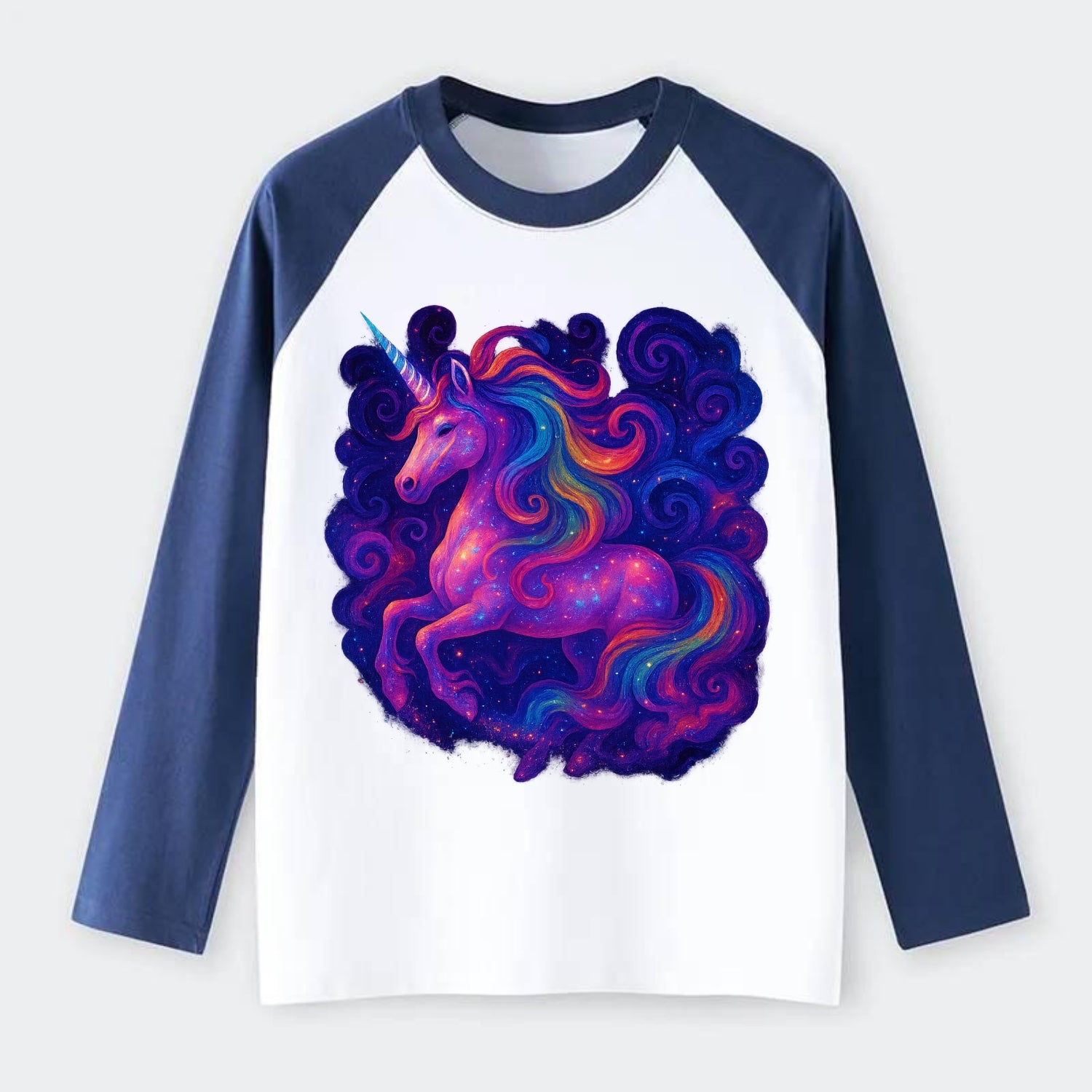 Magical unicorn with flowing rainbow gradient mane, iridescent horn - Raglan Long Sleeve T-Shirt - Blue