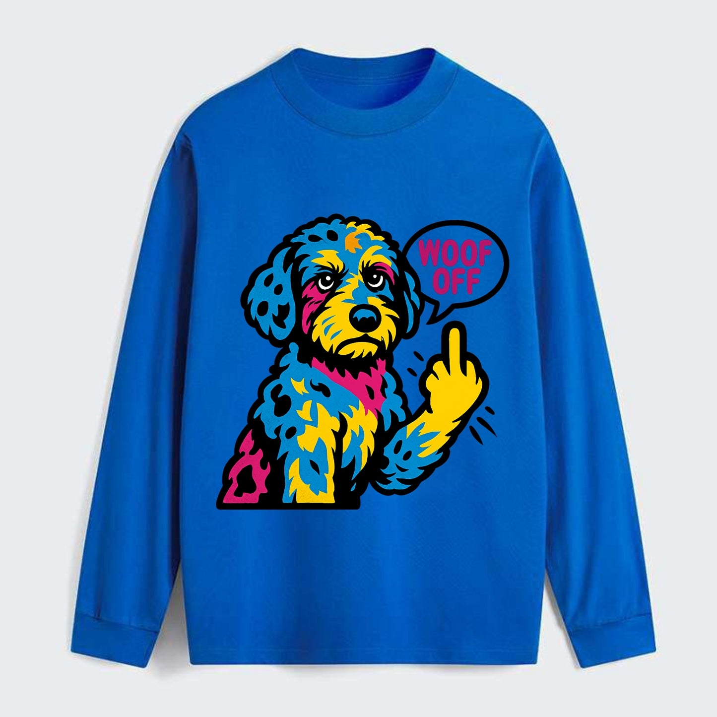 Aussiedoodle with merle patches and curly coat, playful smart paw raised - Classic Long Sleeve Shirt - Blue