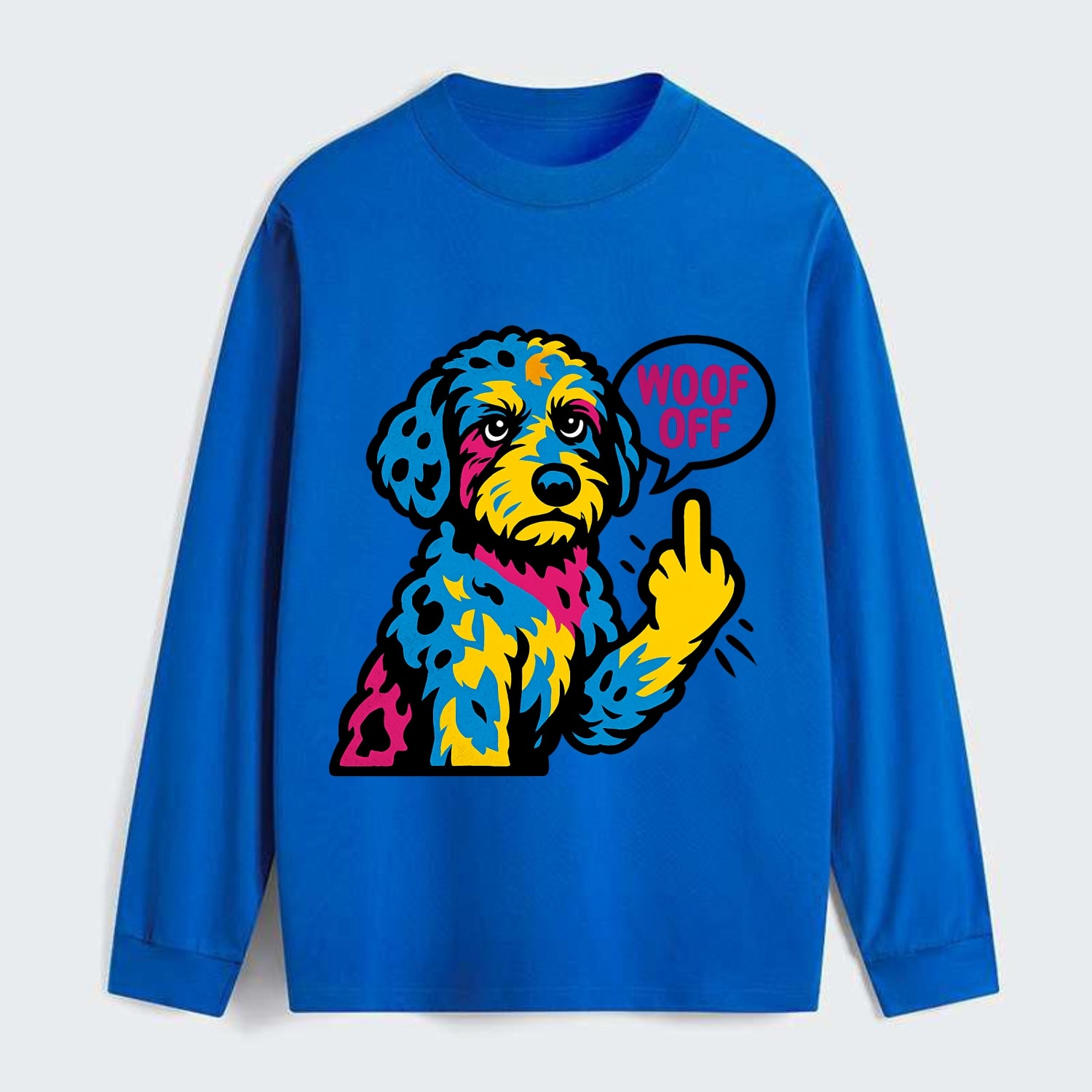 Aussiedoodle with merle patches and curly coat, playful smart paw raised - Classic Long Sleeve Shirt - Blue