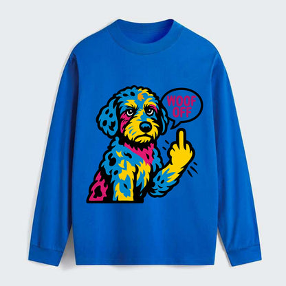 Aussiedoodle with merle patches and curly coat, playful smart paw raised - Classic Long Sleeve Shirt - Blue