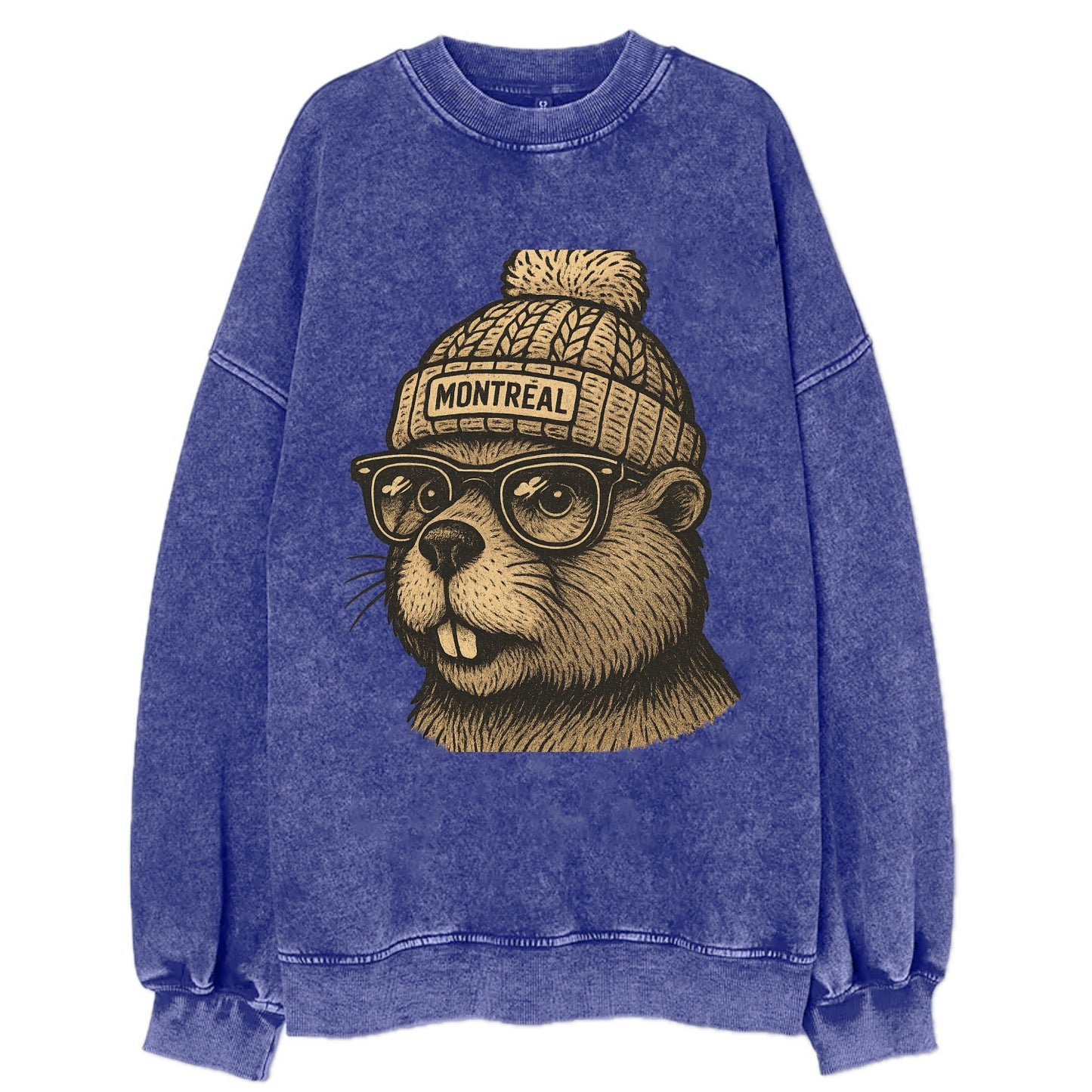 Montreal Beaver wearing Montreal beanie with pom pom and wayfarer sunglasses - Vintage Sweatshirt - Blue
