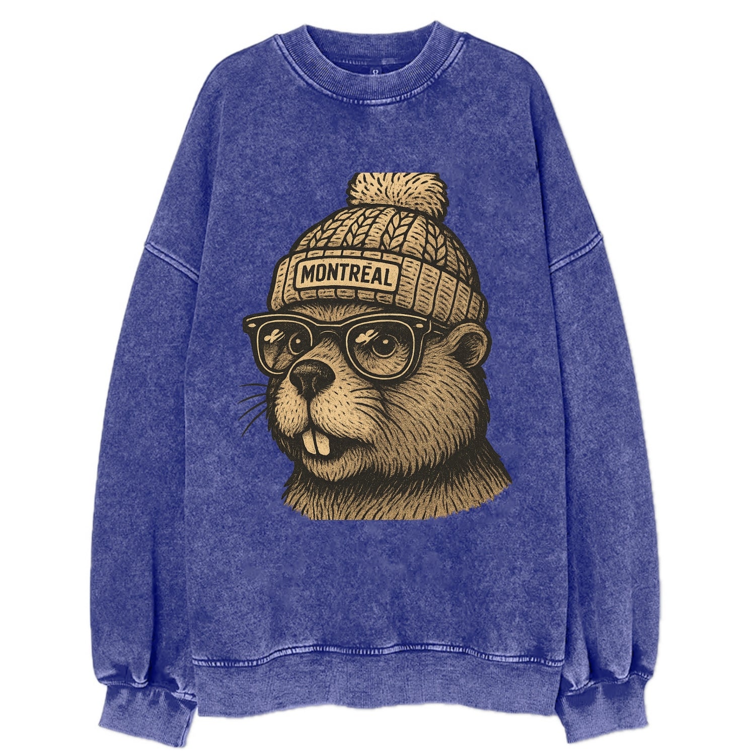 Montreal Beaver wearing Montreal beanie with pom pom and wayfarer sunglasses - Vintage Sweatshirt - Blue