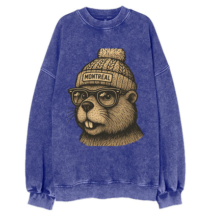 Montreal Beaver wearing Montreal beanie with pom pom and wayfarer sunglasses - Vintage Sweatshirt - Blue