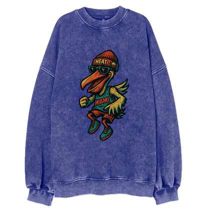 Miami Pelican wearing Heat beanie with sunset patch and wayfarer sunglasses - Vintage Sweatshirt - Blue