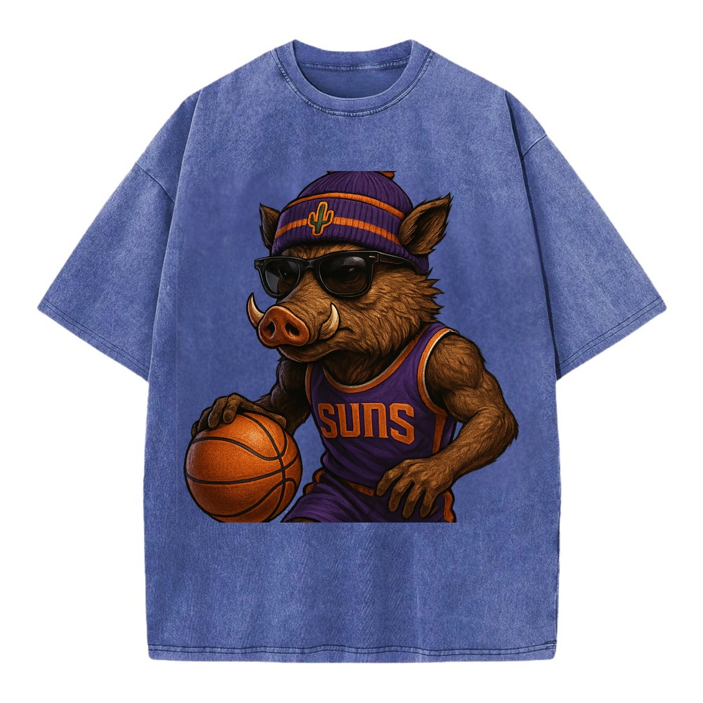 Phoenix Javelina wearing Suns beanie with cactus patch and wayfarer sunglasses - Vintage T-shirt - Blue