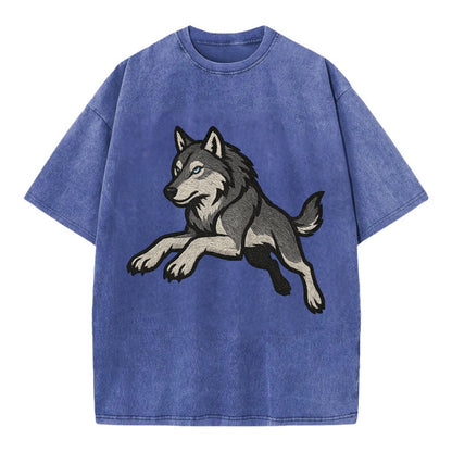 Wolf Leaping Action  - Vintage T-shirt - Blue