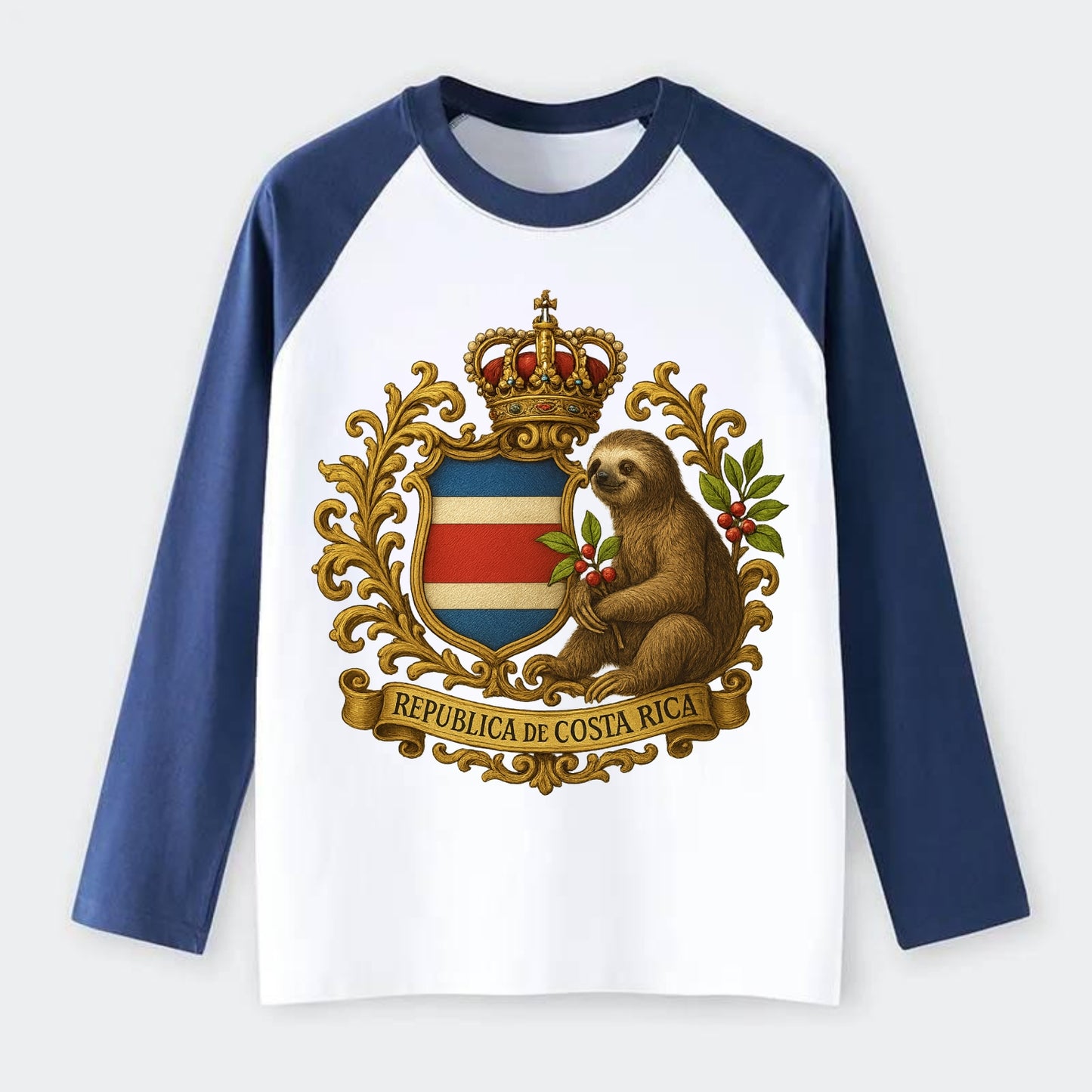 Costa Rica Sloth Emblem - Raglan Long Sleeve T-Shirt - Blue