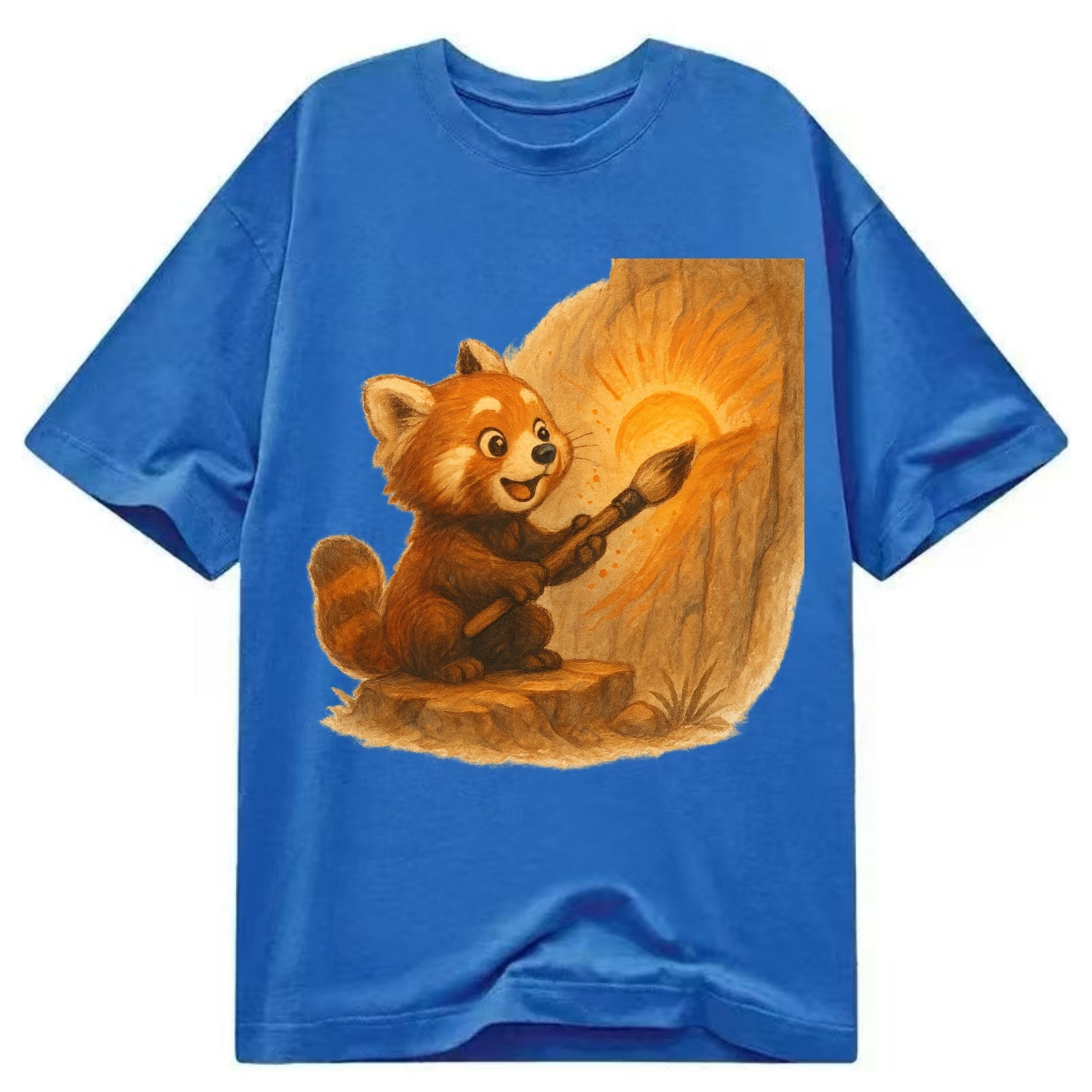 Red panda painting a sunrise mural with an oversized calligraphy brush on a cliff - Classic T-shirt - Blue