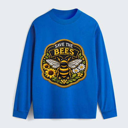 SAVE THE BEES - bee with flowers in yellow , pollinator protection - Classic Long Sleeve Shirt - Blue
