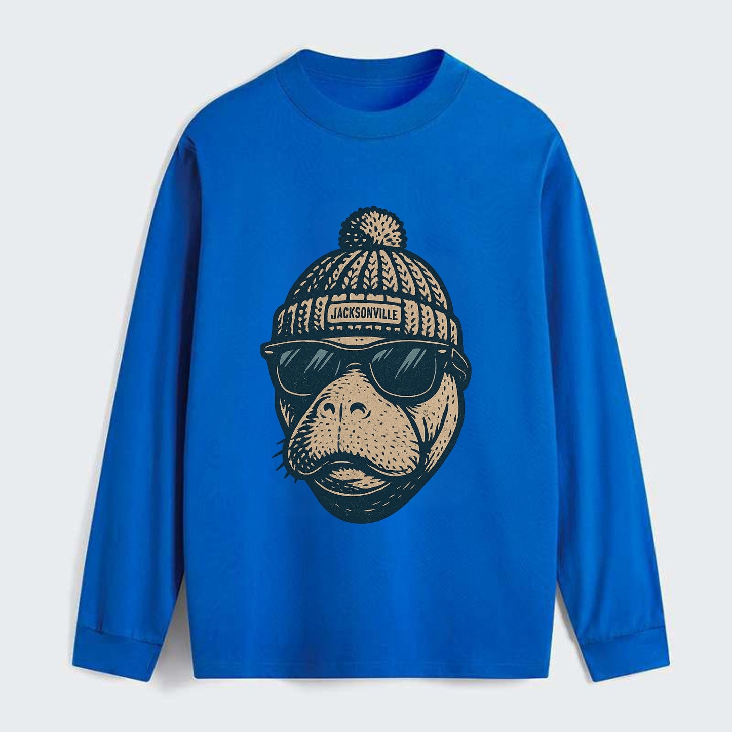 Jacksonville Manatee wearing Jacksonville beanie with pom pom and - Classic Long Sleeve Shirt - Blue