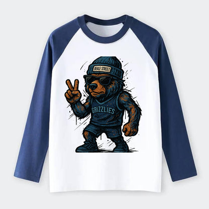 Memphis Grizzly Bear wearing Grizzlies navy and light blue beanie with - Raglan Long Sleeve T-Shirt - Blue