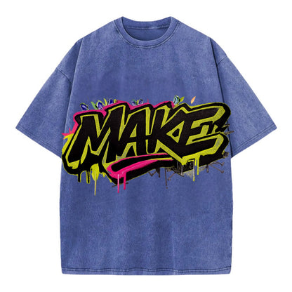 Bold typography design - "MAKE" - creating, producing, doing - Vintage T-shirt - Blue