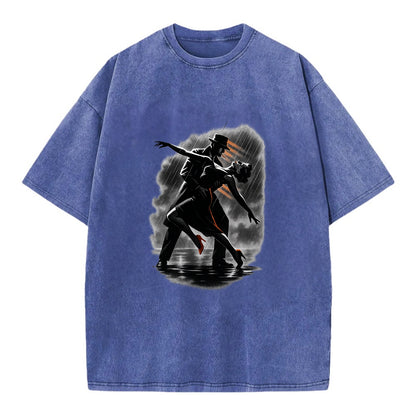 romantic dance pose with woman lifted in the air at lakeside - Vintage T-shirt - Blue
