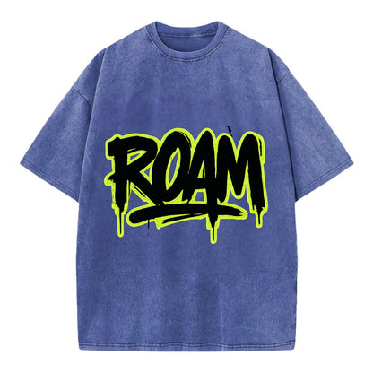 Bold typography design - "ROAM" - wander freely, no destination needed - Vintage T-shirt - Blue