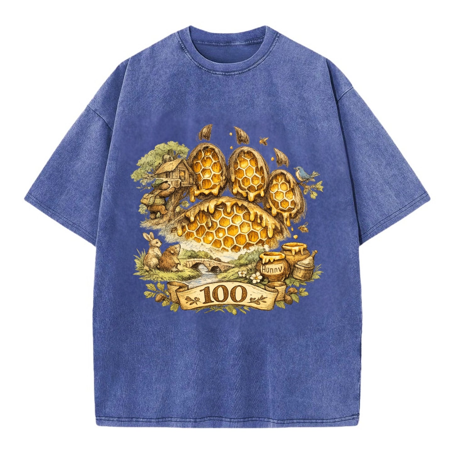 HONEY PAW | Bear paw print filled with honeycomb | Sticky evidence | Forest - Vintage T-shirt - Blue