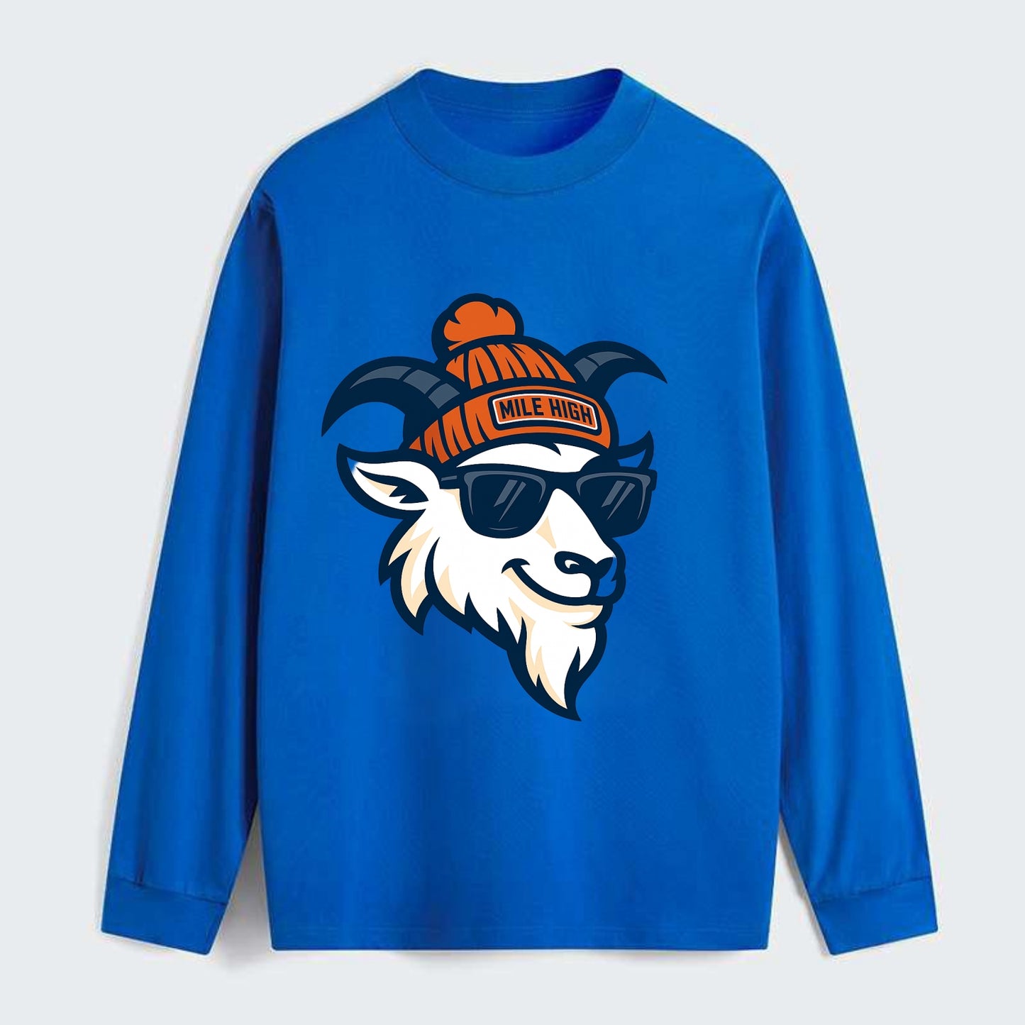Denver Mountain Goat wearing Broncos beanie with Mile High patch and - Classic Long Sleeve Shirt - Blue