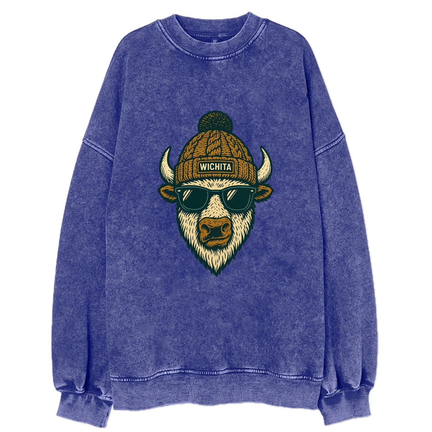 Kansas American Bison wearing Wichita beanie with pom pom and wayfarer - Vintage Sweatshirt - Blue