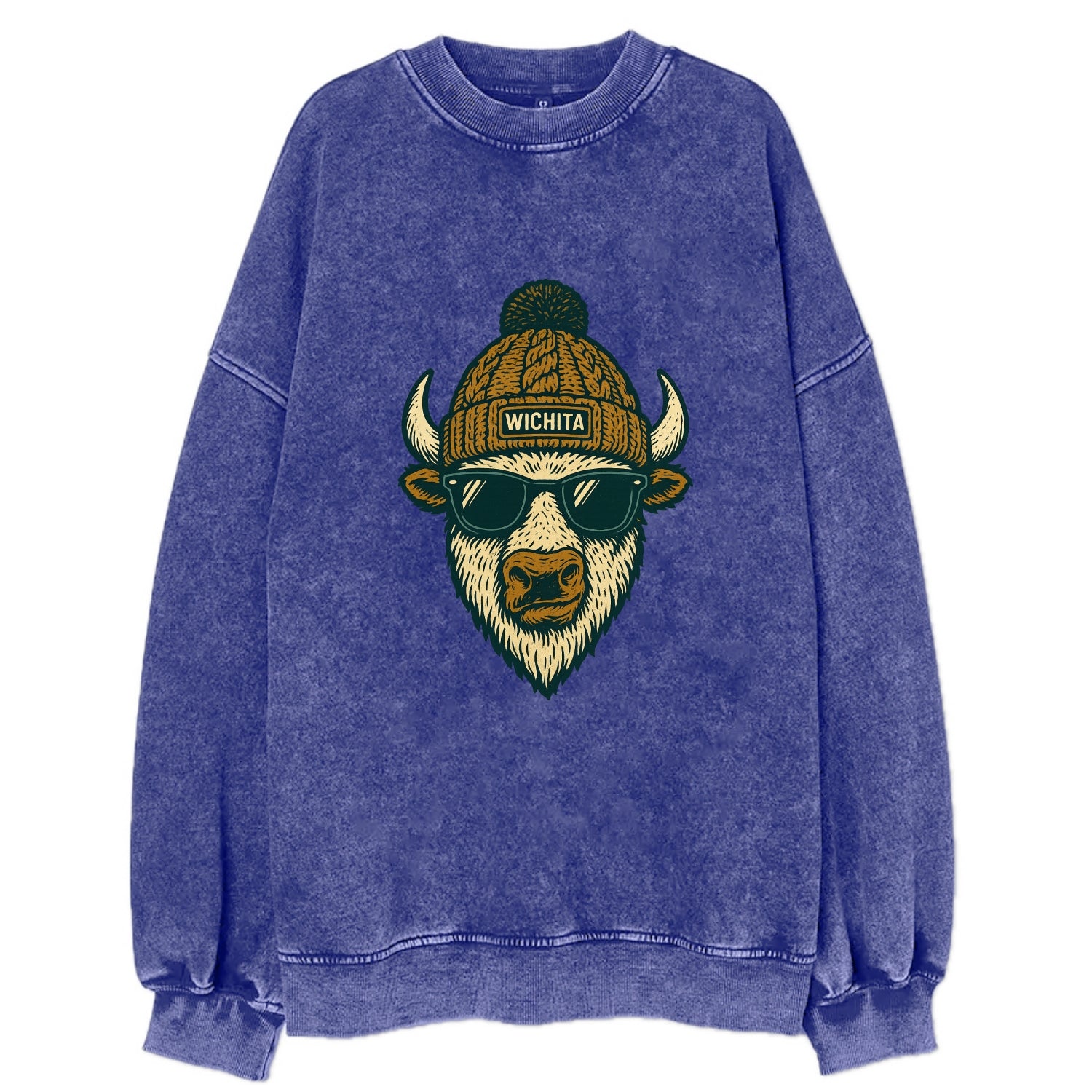 Kansas American Bison wearing Wichita beanie with pom pom and wayfarer - Vintage Sweatshirt - Blue