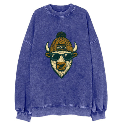 Kansas American Bison wearing Wichita beanie with pom pom and wayfarer - Vintage Sweatshirt - Blue