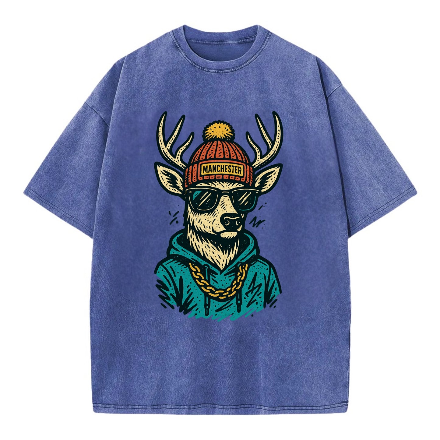 New Hampshire White-tailed Deer wearing Manchester beanie with pom pom and - Vintage T-shirt - Blue