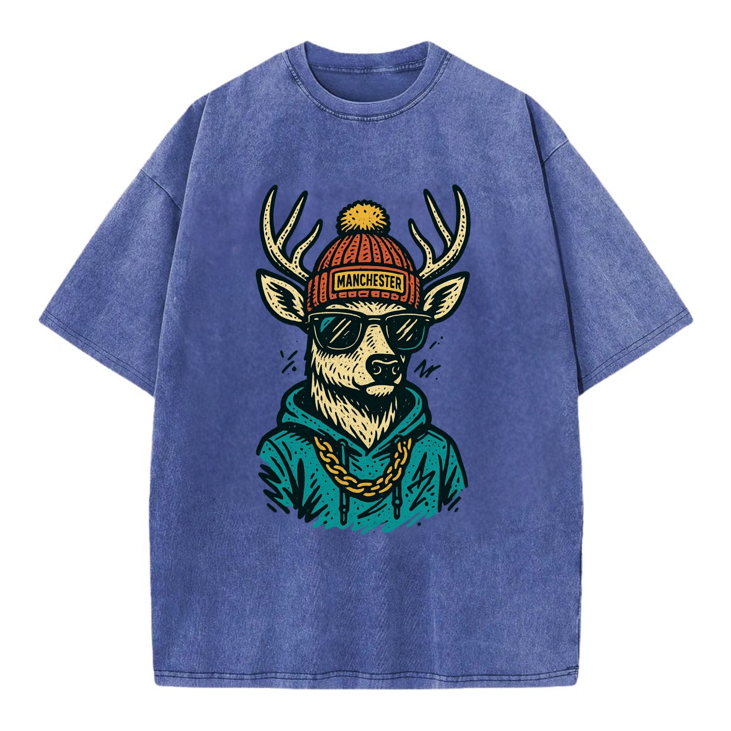 New Hampshire White-tailed Deer wearing Manchester beanie with pom pom and - Vintage T-shirt - Blue