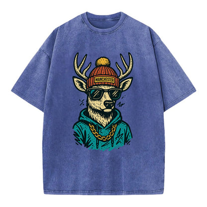 New Hampshire White-tailed Deer wearing Manchester beanie with pom pom and - Vintage T-shirt - Blue