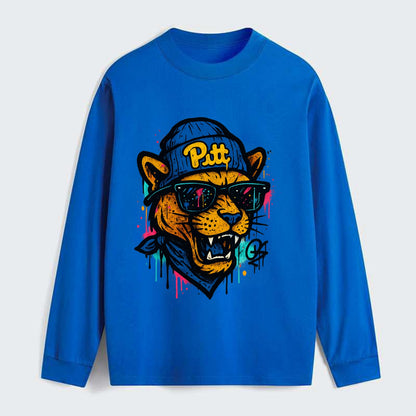 Pittsburgh Panther wearing Pitt beanie with script patch - Classic Long Sleeve Shirt - Blue
