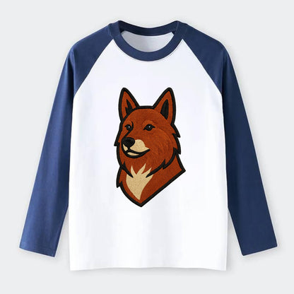 Finnish Spitz - Fox-red pointed ears embroidered pose - Raglan Long Sleeve T-Shirt - Blue