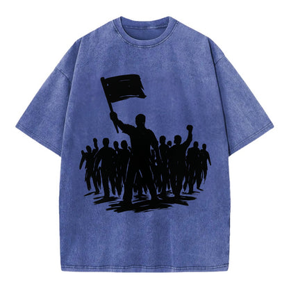 Crowd of protesters marching - solidarity movement ink painting - Vintage T-shirt - Blue