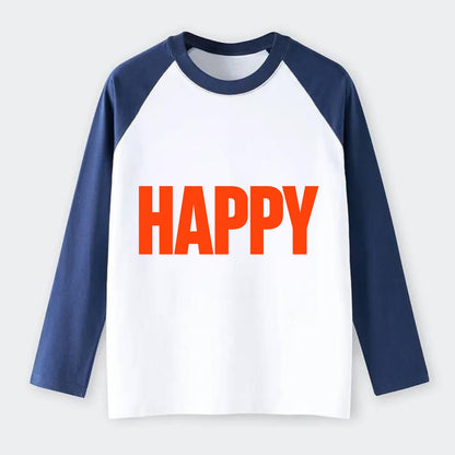 Bold typography design - "HAPPY" - joyful, content, pleased - Raglan Long Sleeve T-Shirt - Blue