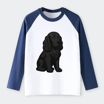 Field Spaniel - Black silky coat embroidered pose - Raglan Long Sleeve T-Shirt - Blue