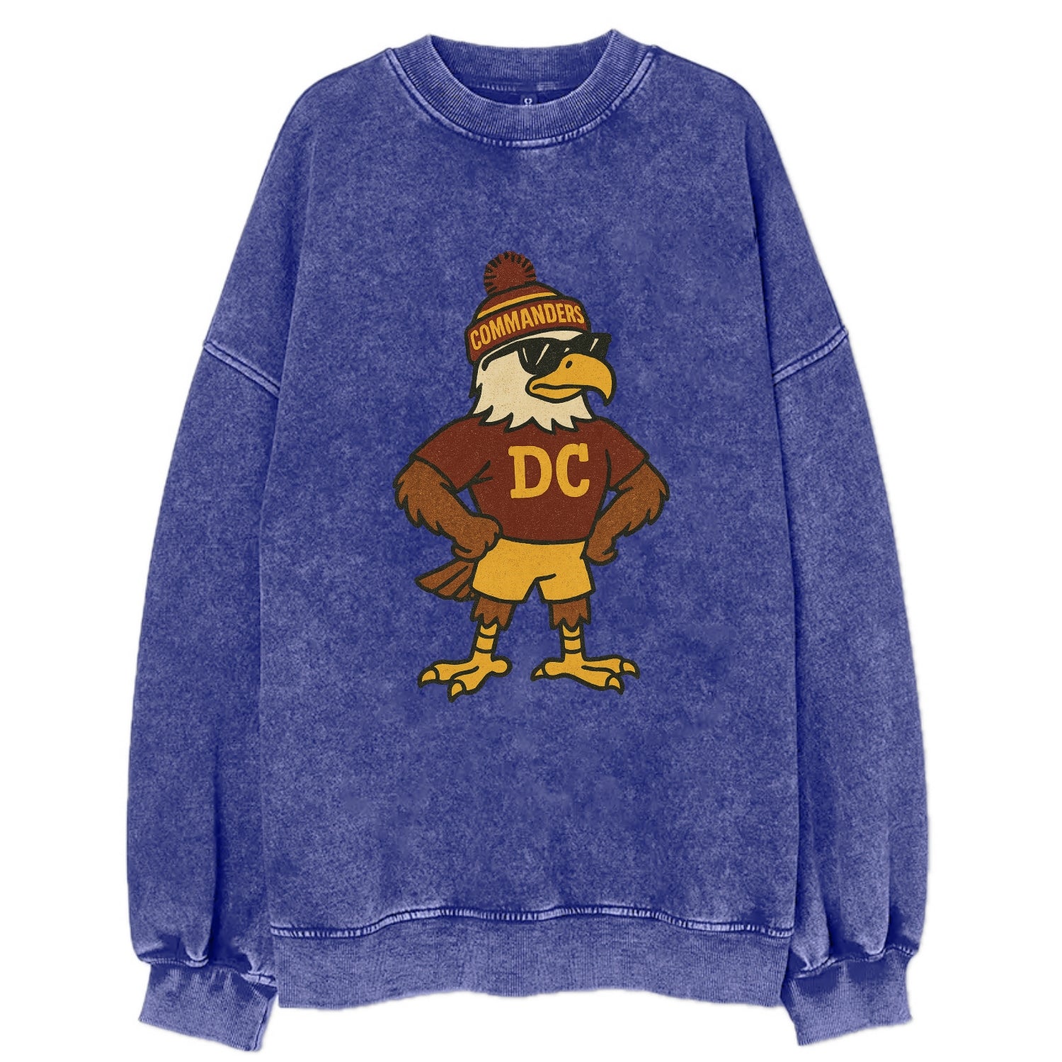 DC Eagle wearing Commanders burgundy and gold beanie with pom pom and wayfarer - Vintage Sweatshirt - Blue