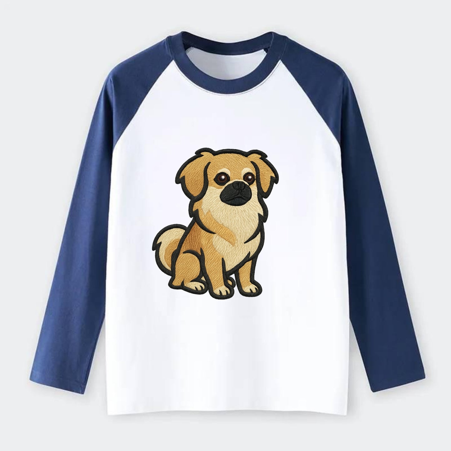 Tibetan Spaniel - Fawn small dog embroidered design - Raglan Long Sleeve T-Shirt - Blue