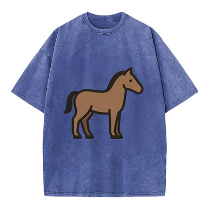 Horse - Brown standing pose flat side profile - Vintage T-shirt - Blue