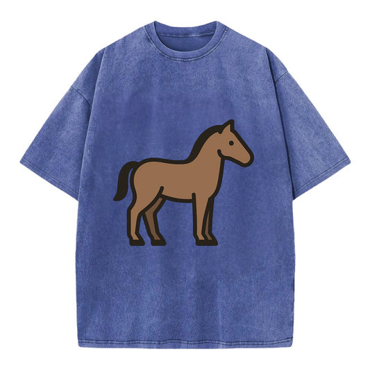 Horse - Brown standing pose flat side profile - Vintage T-shirt - Blue