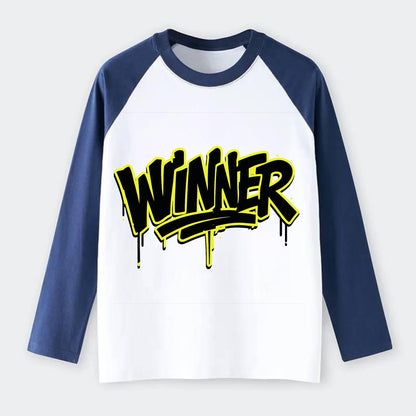 Bold typography design - "WINNER" - victorious mindset, champion - Raglan Long Sleeve T-Shirt - Blue