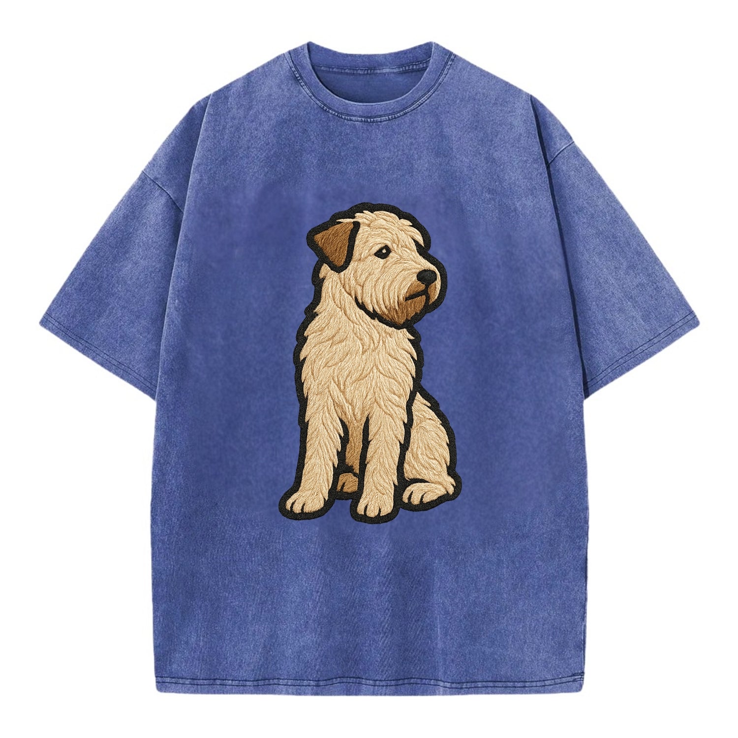 Soft Coated Wheaten Terrier - Light tan flowing coat embroidered pose - Vintage T-shirt - Blue