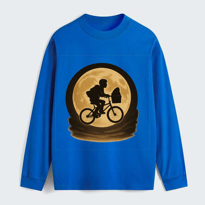 boy with bicycle flying across full moon with silhouette - Classic Long Sleeve Shirt - Blue
