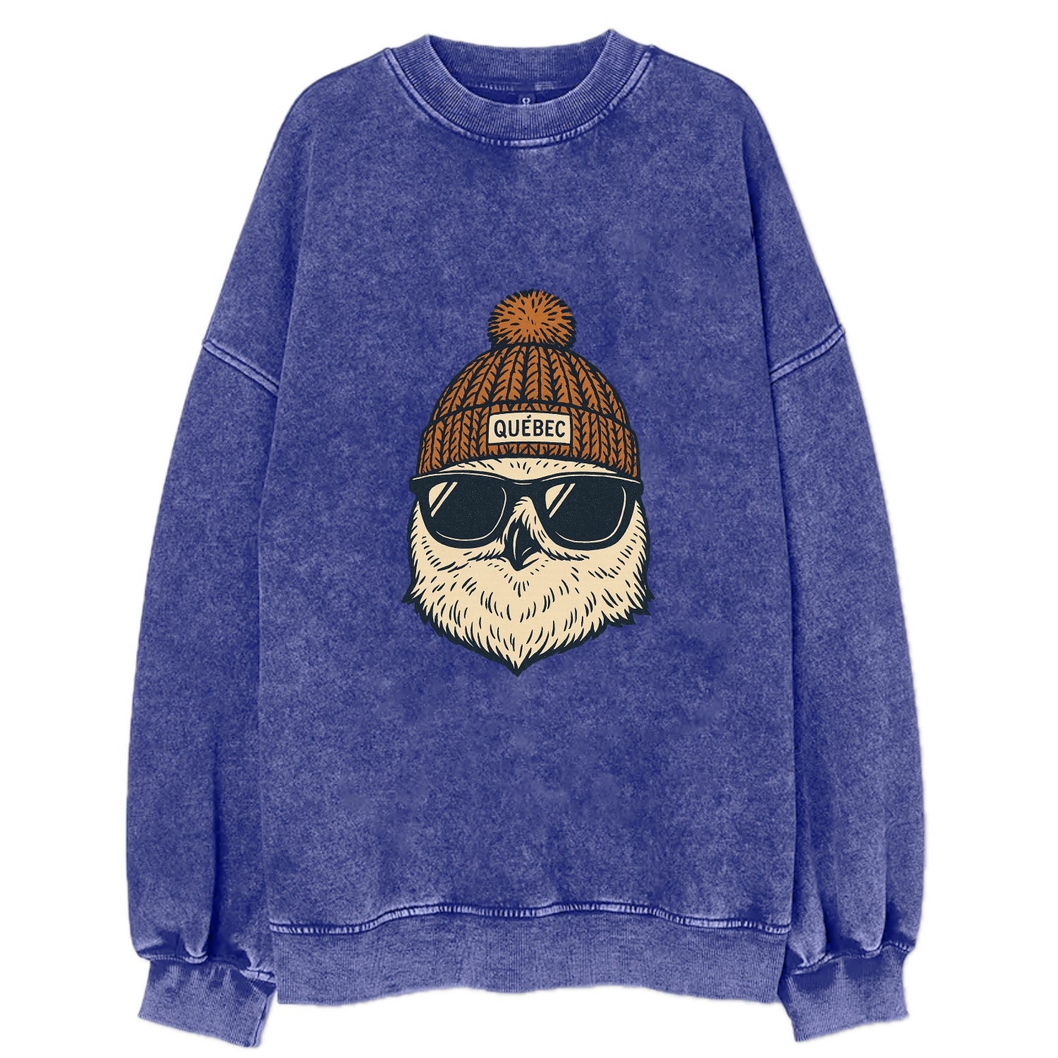 Quebec City Snowy Owl wearing Quebec beanie with pom pom and wayfarer - Vintage Sweatshirt - Blue