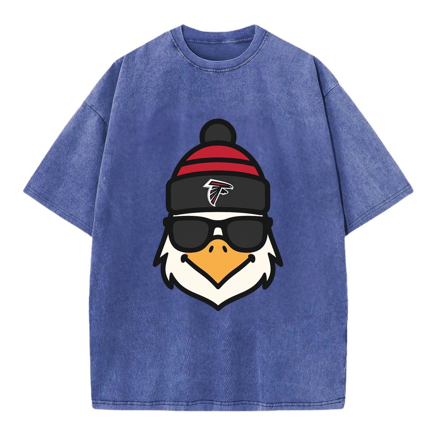 Atlanta Falcon wearing Falcons red and black beanie with pom pom and wayfarer - Vintage T-shirt - Blue