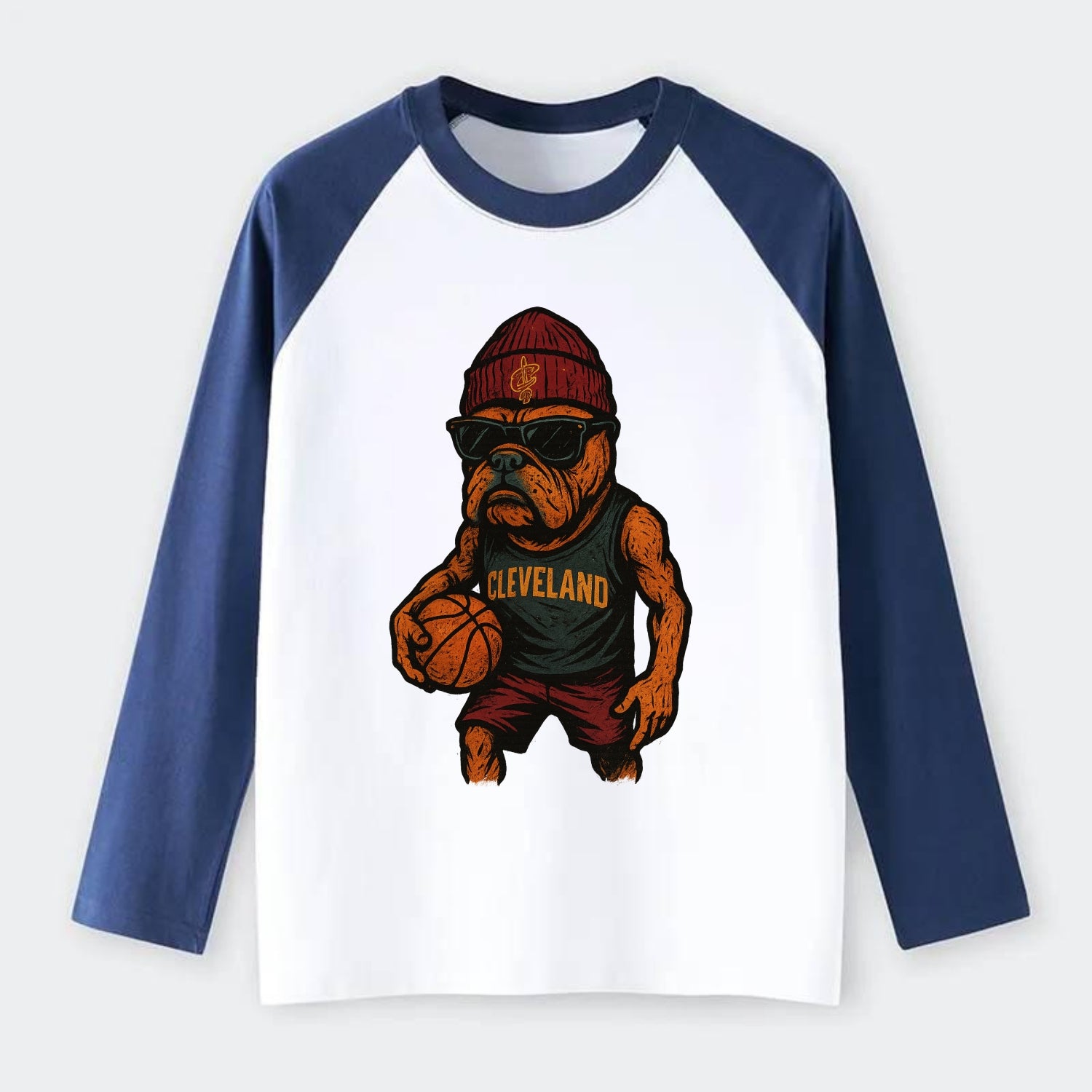 Cleveland Bulldog wearing Cavaliers wine and gold beanie with sword - Raglan Long Sleeve T-Shirt - Blue